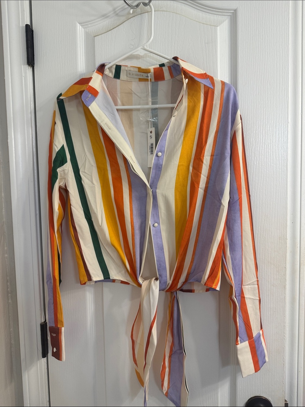 Multicolor Striped Tie-Front Button Shirt - Yellow/Orange/Lavender